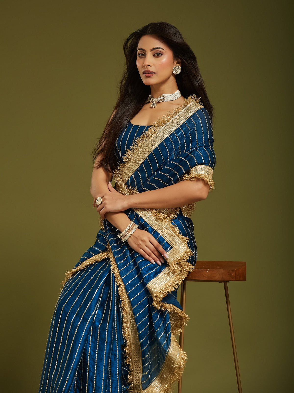 Teal Blue Satin saree – detail view 2