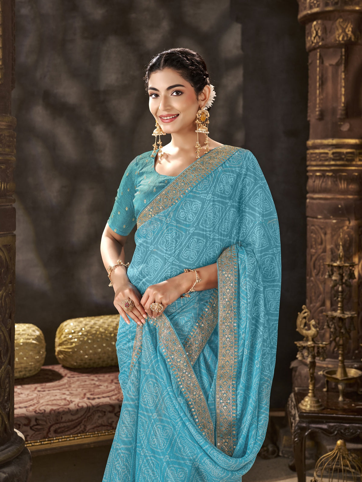 Turquoise Blue Chiffon saree – detail view 1