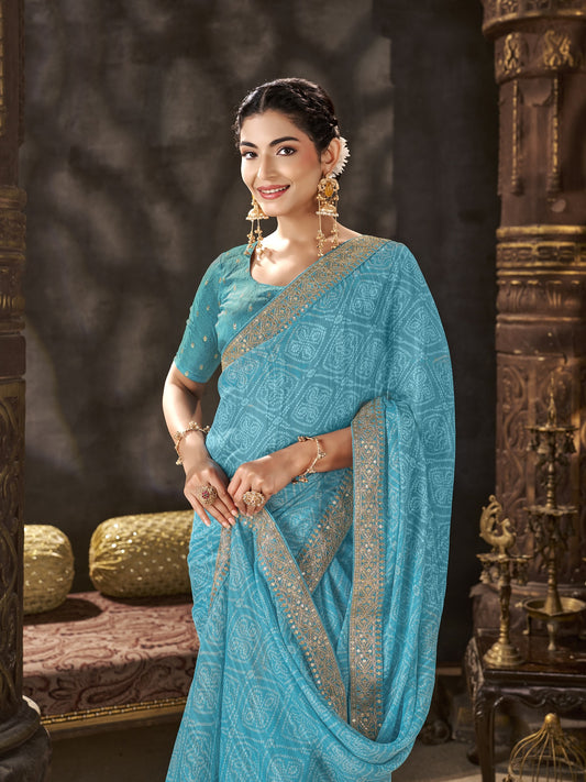 Turquoise Blue Chiffon saree – detail view 1