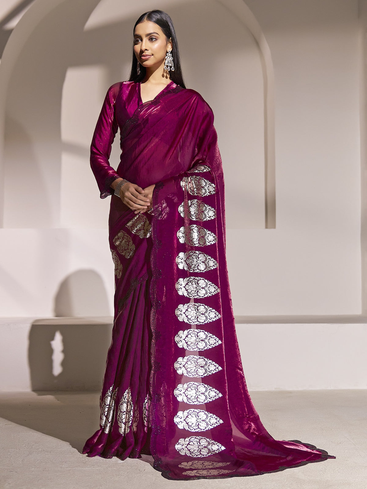 Magenta satin silk saree view 2
