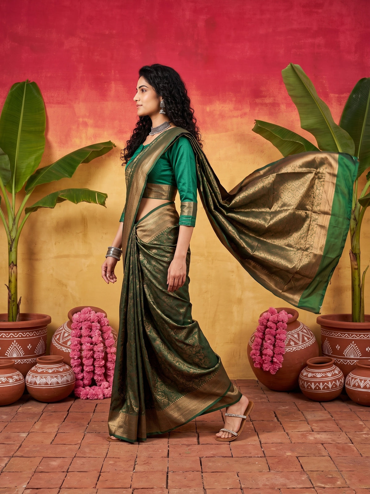 Teal Green Silk Blend saree – detail view 1