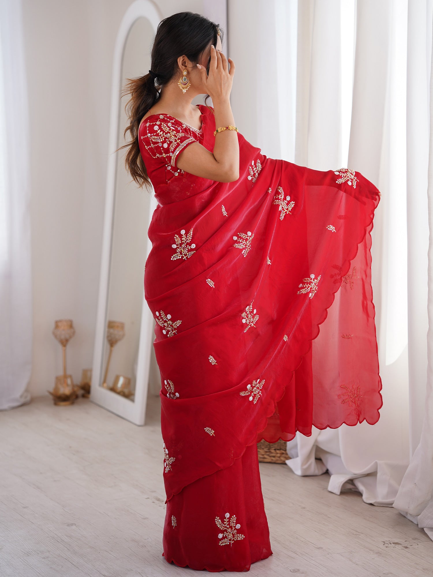 Red Satin saree – detail view 2