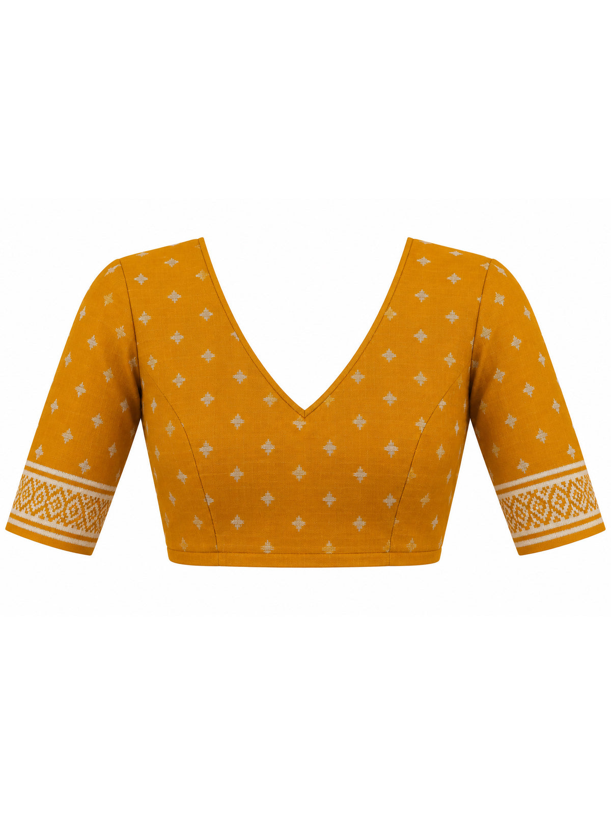 Unstitched mustard silk blend blouse piece with geometric design
