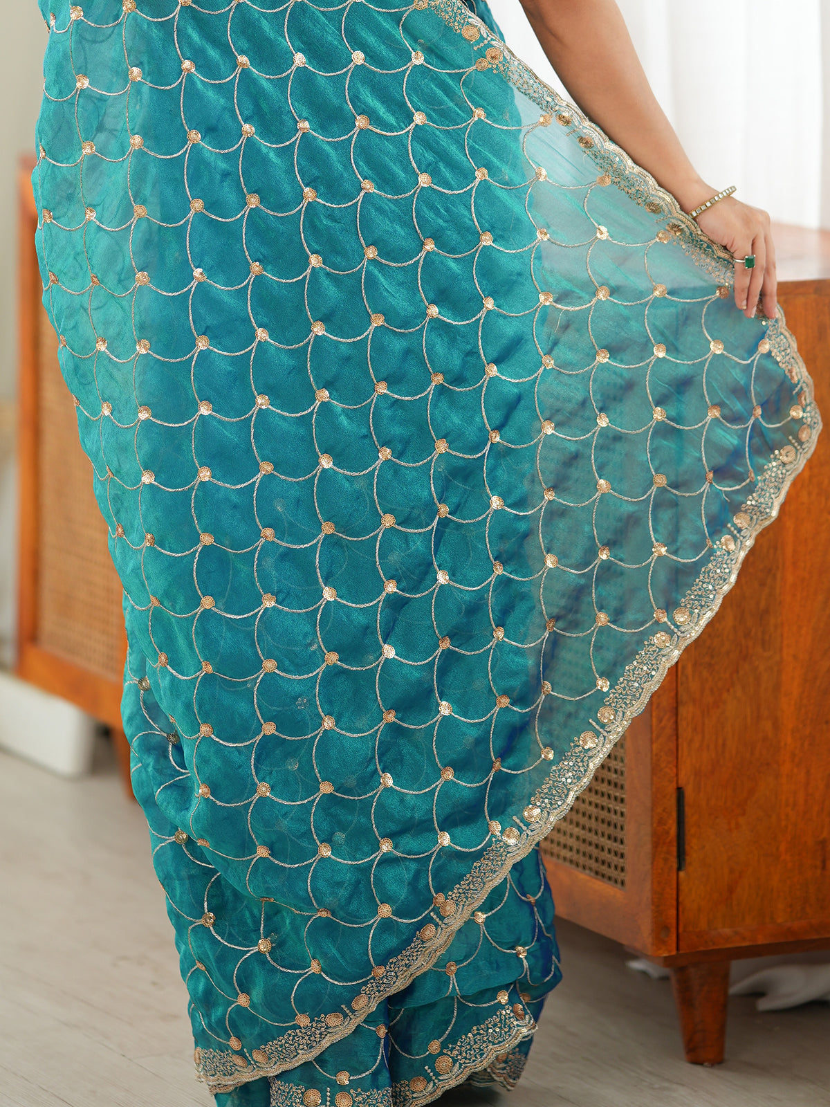 Teal Blue Tissue saree – detail view 5