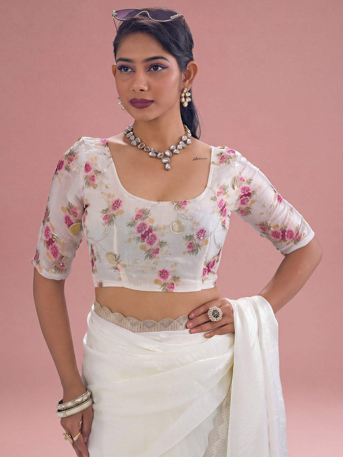 Unstitched white silk blouse piece with embellished design