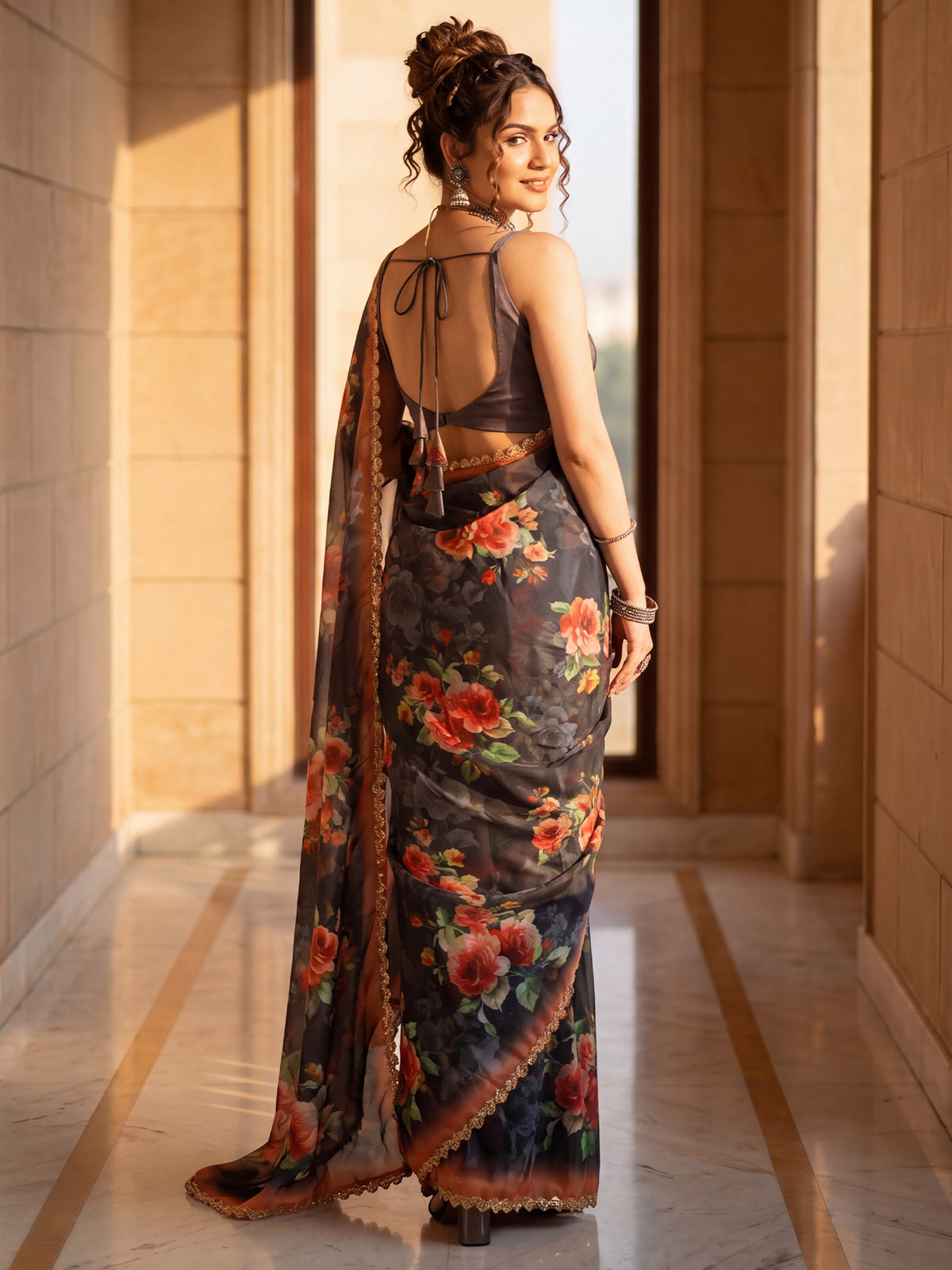 Charcoal Grey Organza saree – detail view 1