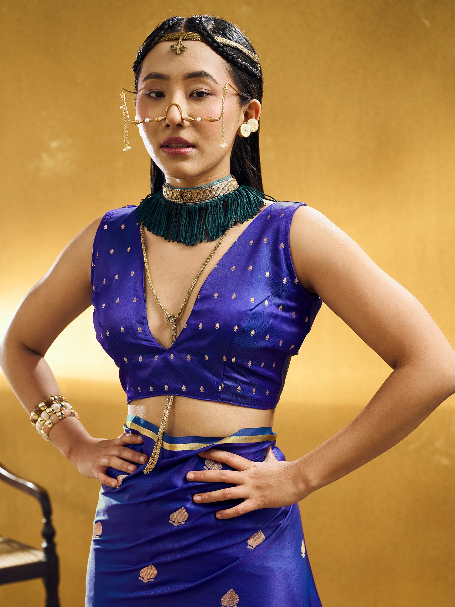 Unstitched blue satin silk blouse piece with zari butta design