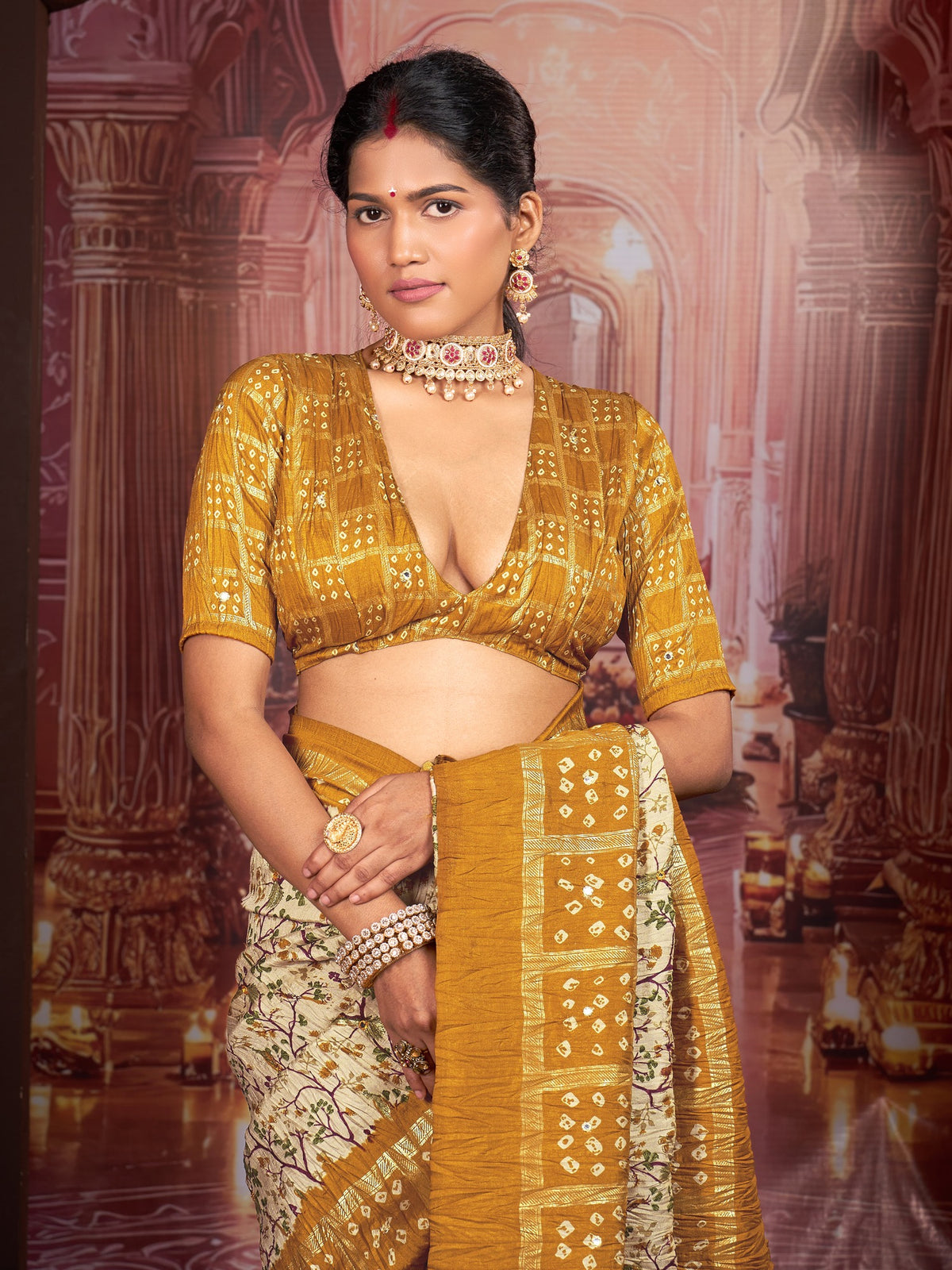 Cream tussar silk saree view 1