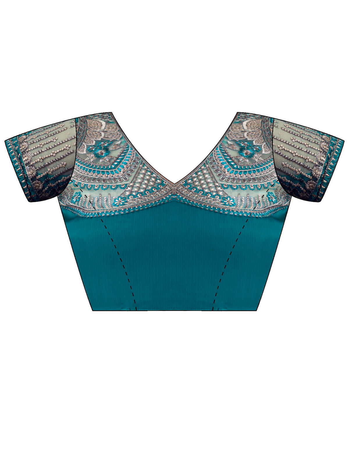 Unstitched teal green pure chiffon blouse piece with embroidered design