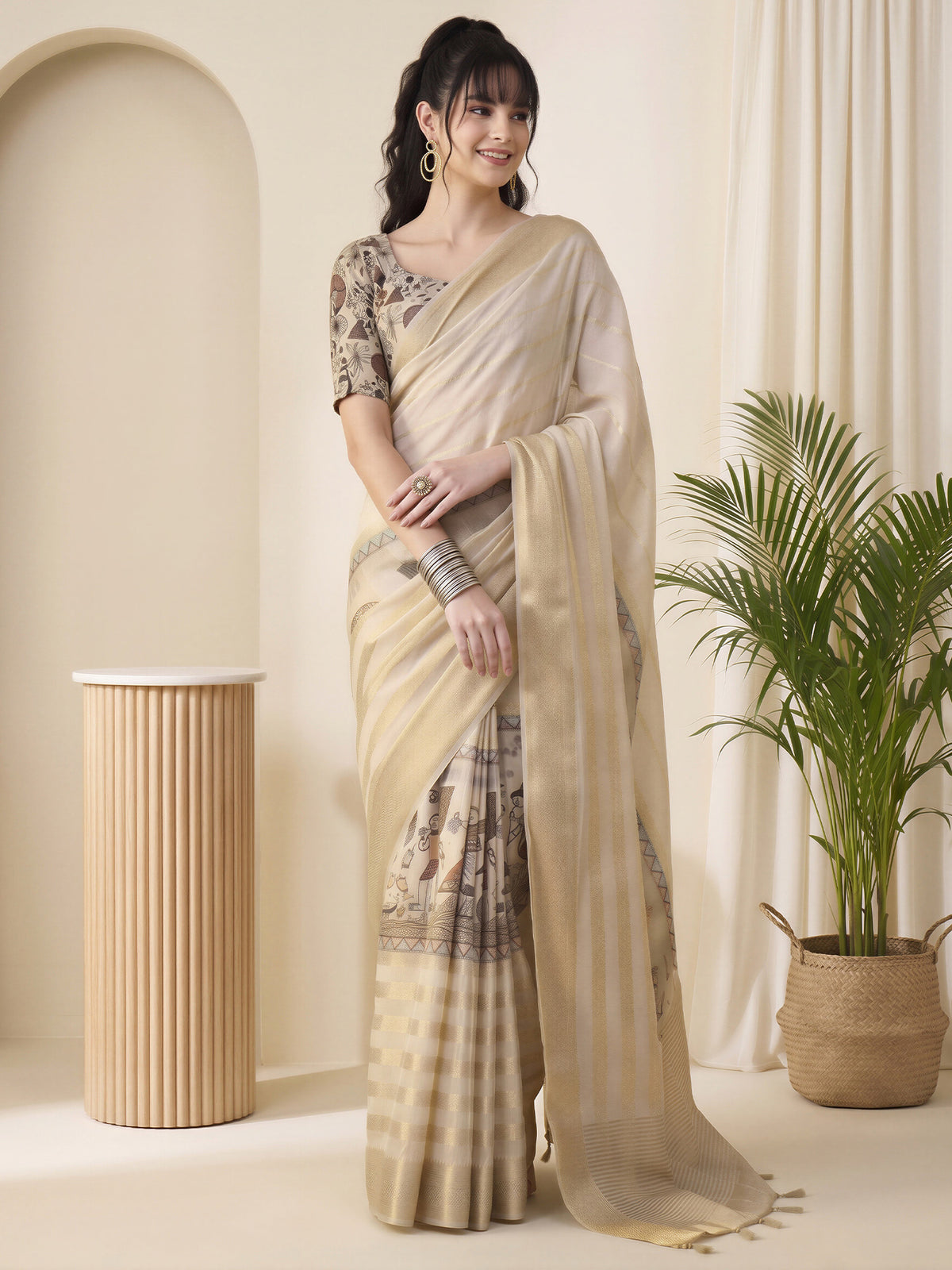 Cream Viscose Silk saree – detail view 3