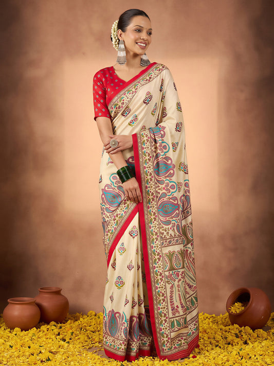 Woman wearing off white silk blend saree with metallic foil print work and pink blouse