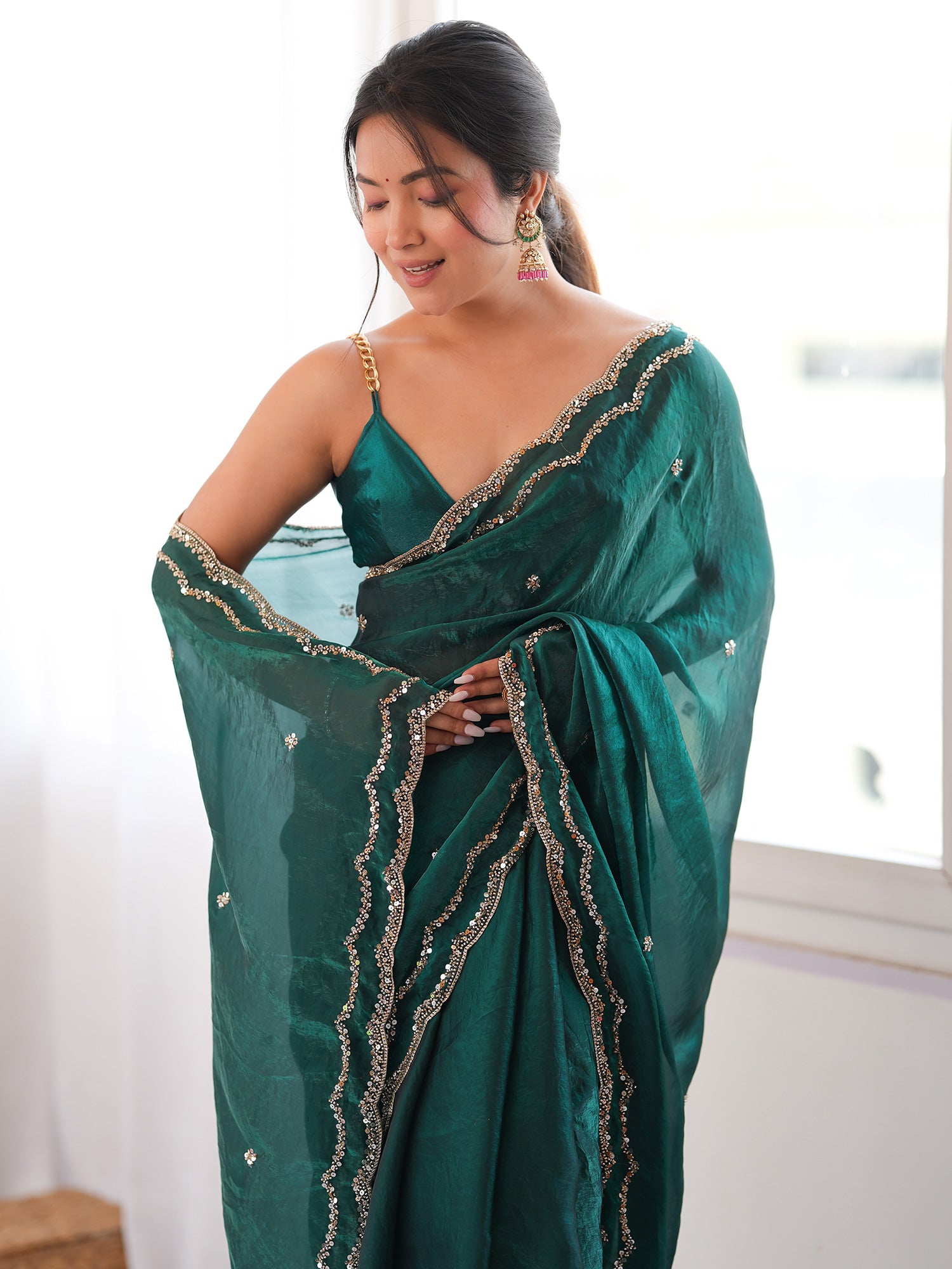 Teal Green Satin Silk saree – detail view 4