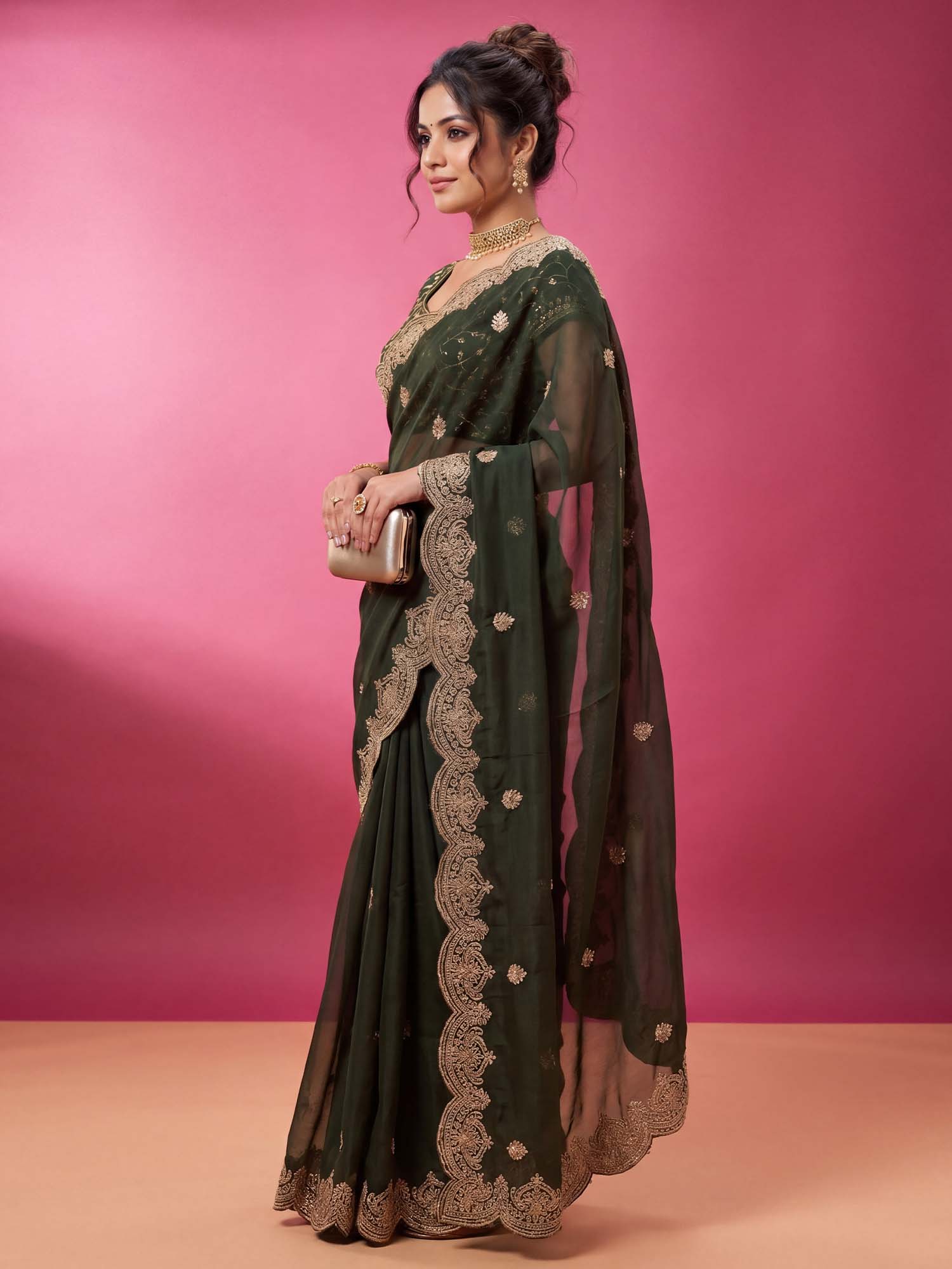 Olive Georgette saree – detail view 2