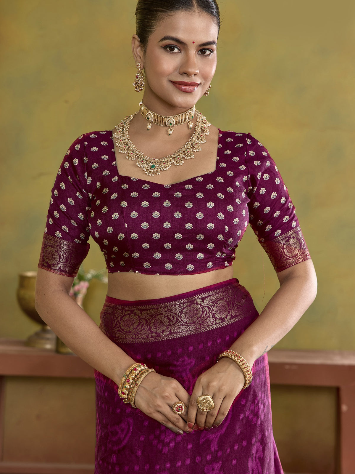 Wine tussar silk saree view 4