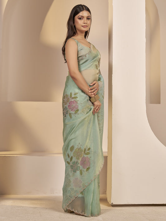 Sea Green organza saree view 1