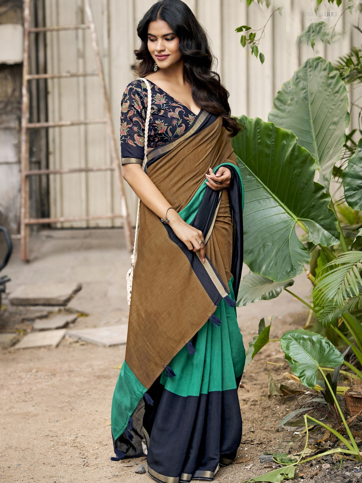 Teal Green cotton blend saree view 2