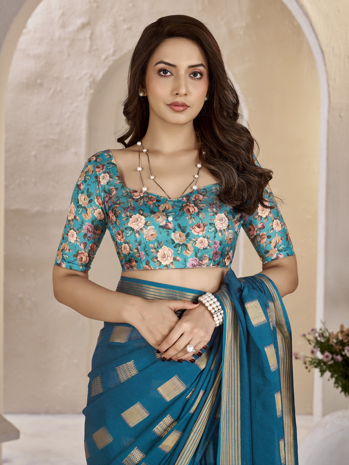 Teal Blue georgette saree view 2