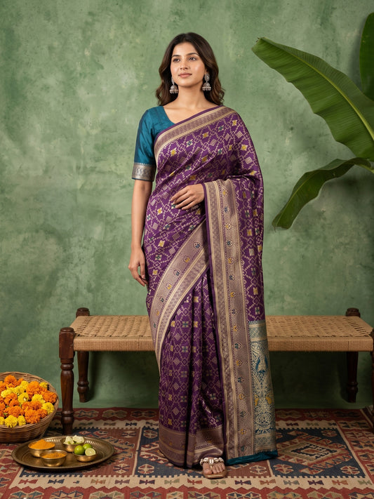 Woman wearing purple silk blend saree with traditional indian motif work and teal blue blouse