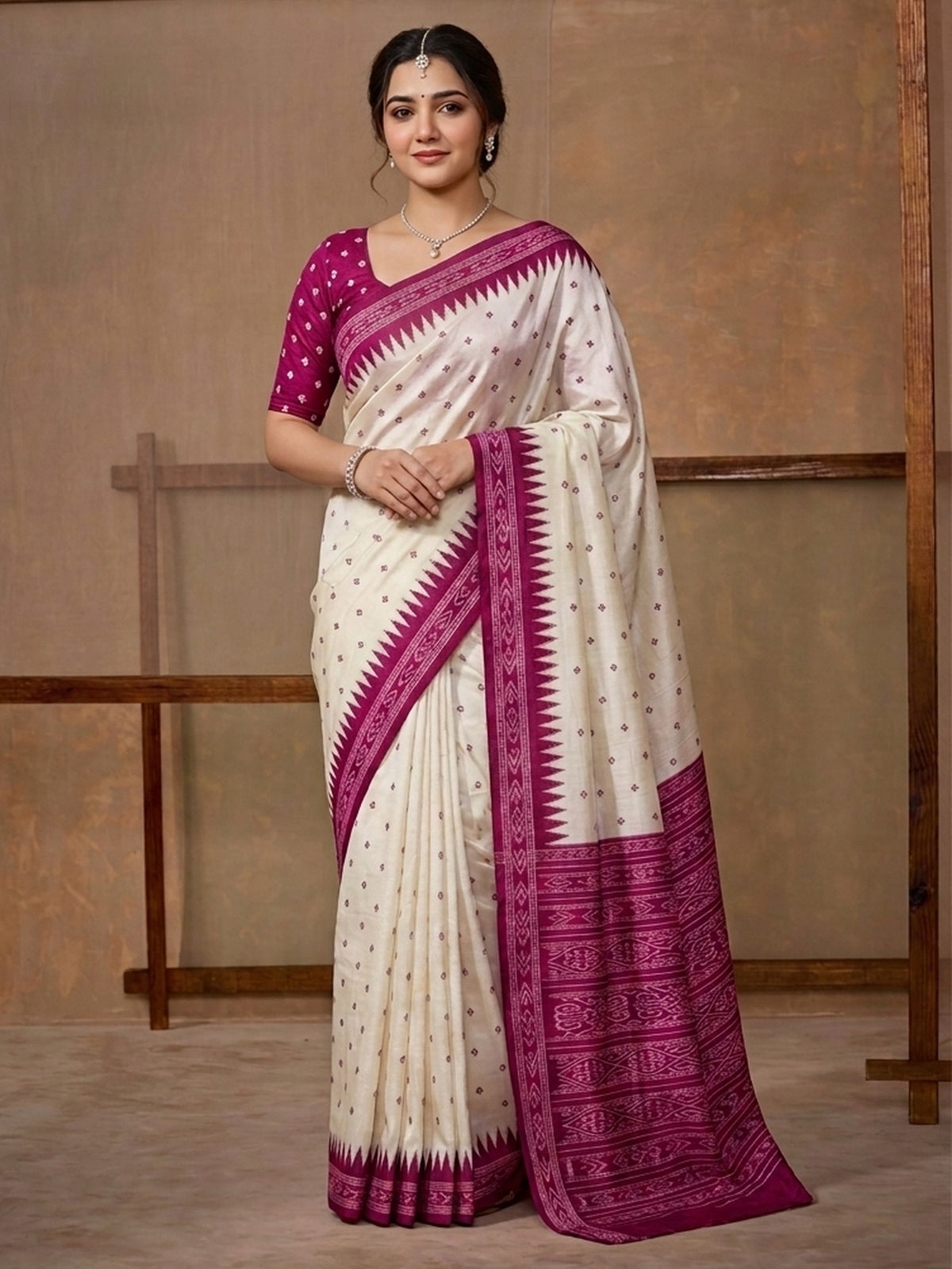Off White ethnic motif tussar silk saree with wine blouse piece