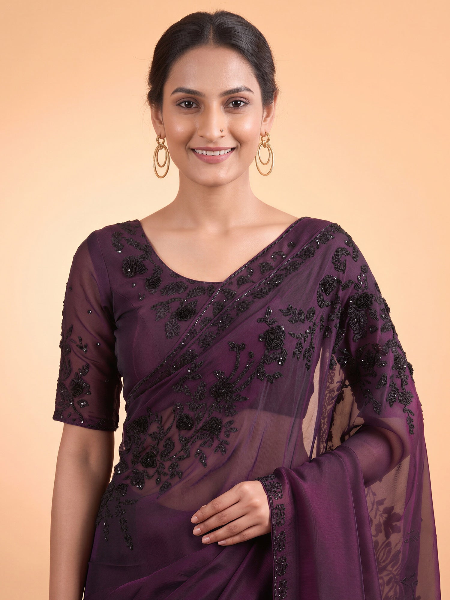 Wine Satin Silk saree – detail view 4
