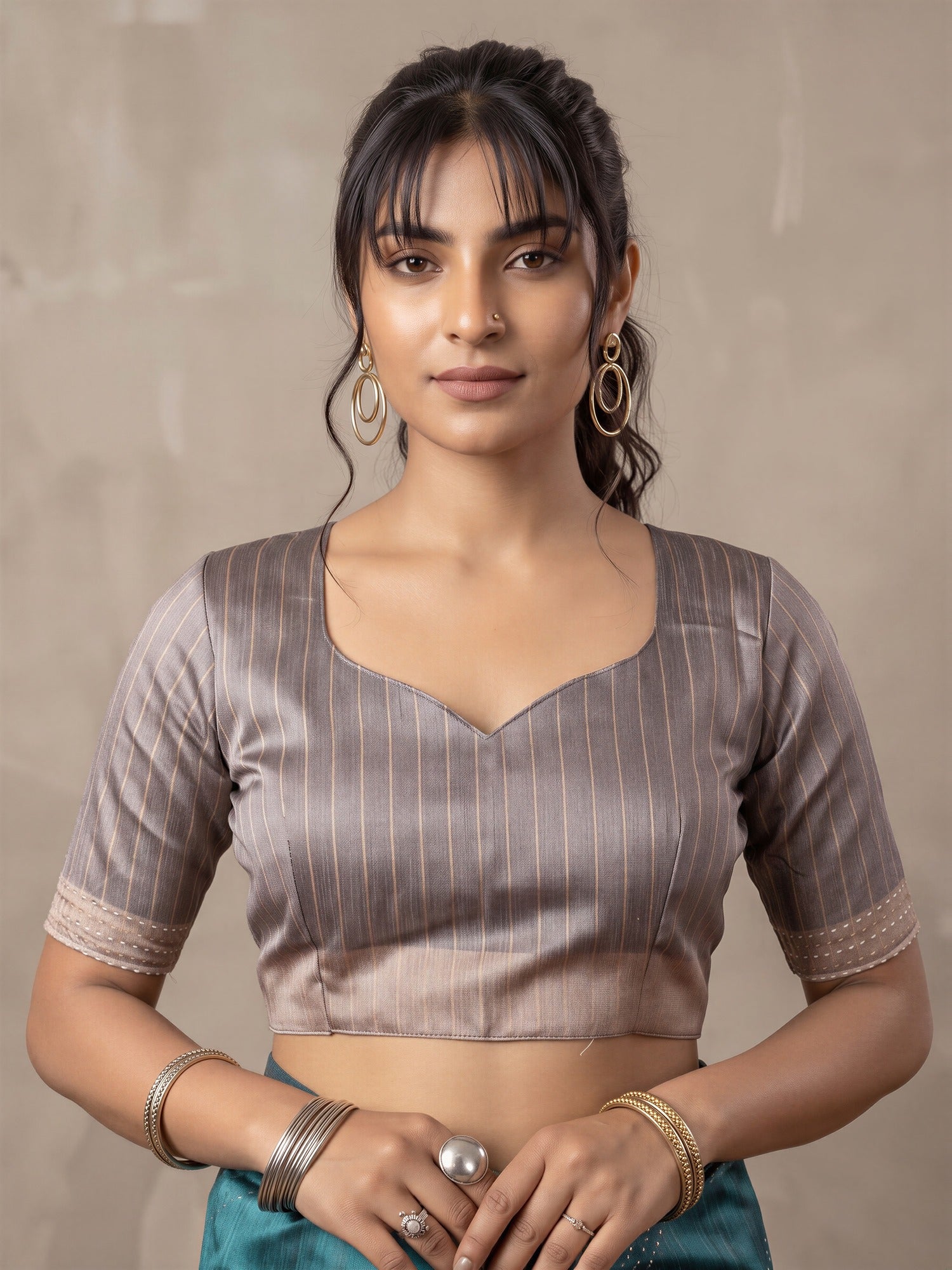 Unstitched grey silk cotton blouse piece with geometric design