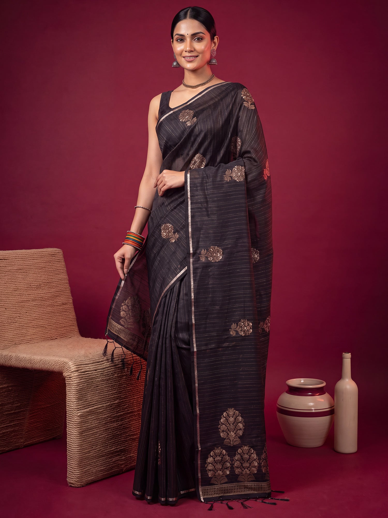 Black Satin Silk saree – detail view 3