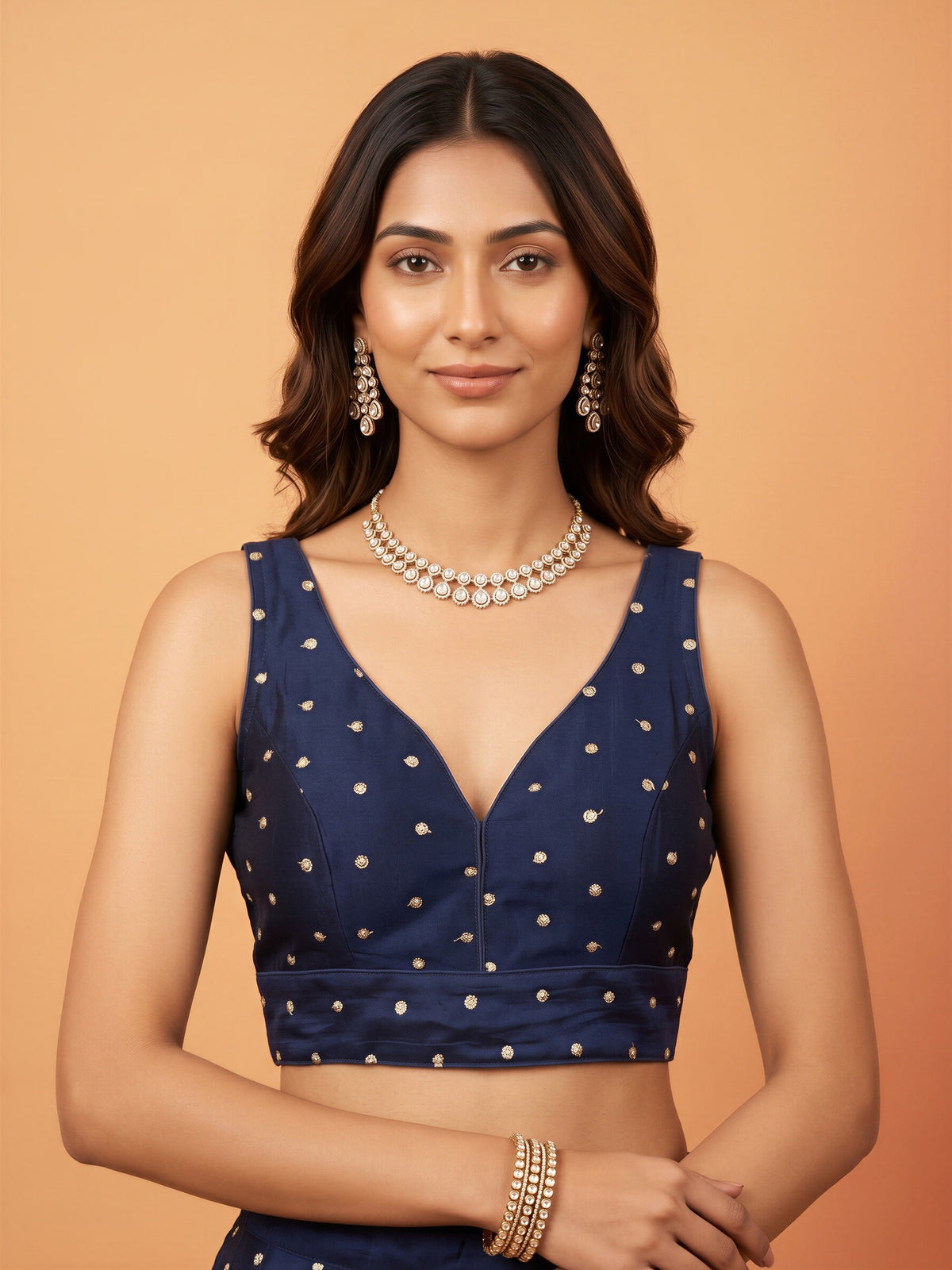 Dark Blue sequin embellished silk blend sleeveless readymade saree blouse with v neck