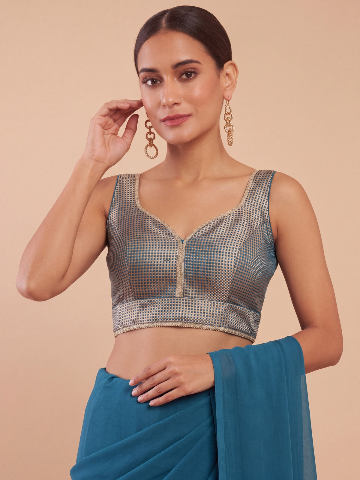Teal Blue woven metallic jacquard sleeveless readymade saree blouse with sweetheart neck