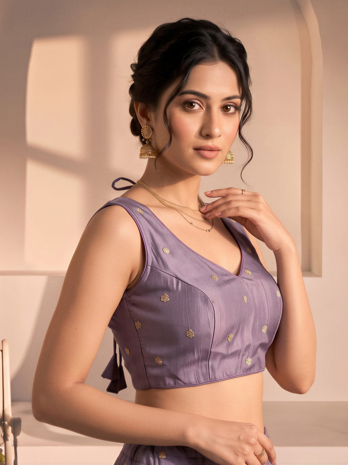 Lavender sequin embellished vichitra silk sleeveless readymade saree blouse with v neck view 3