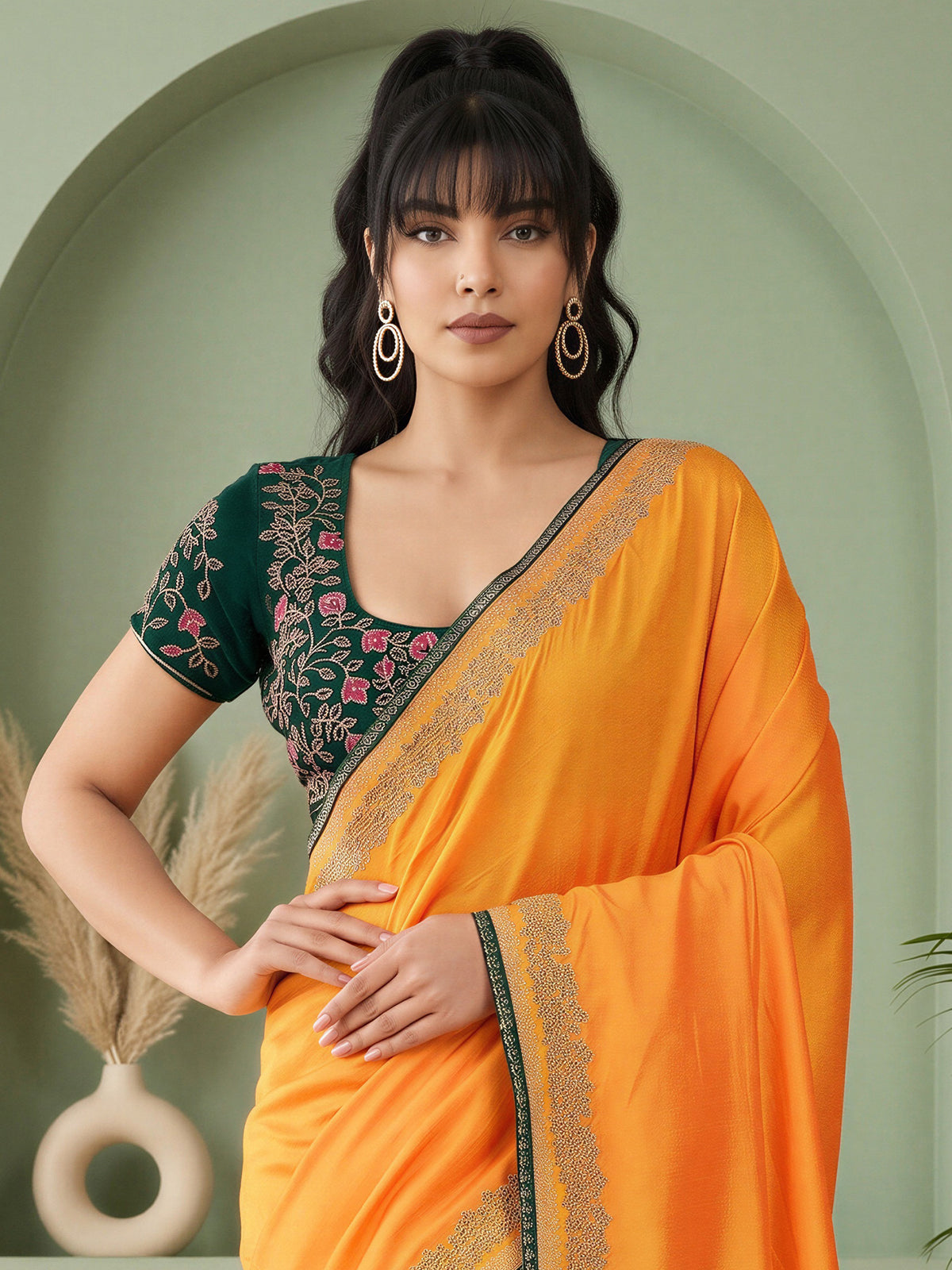 Yellow Vichitra Silk saree – detail view 4