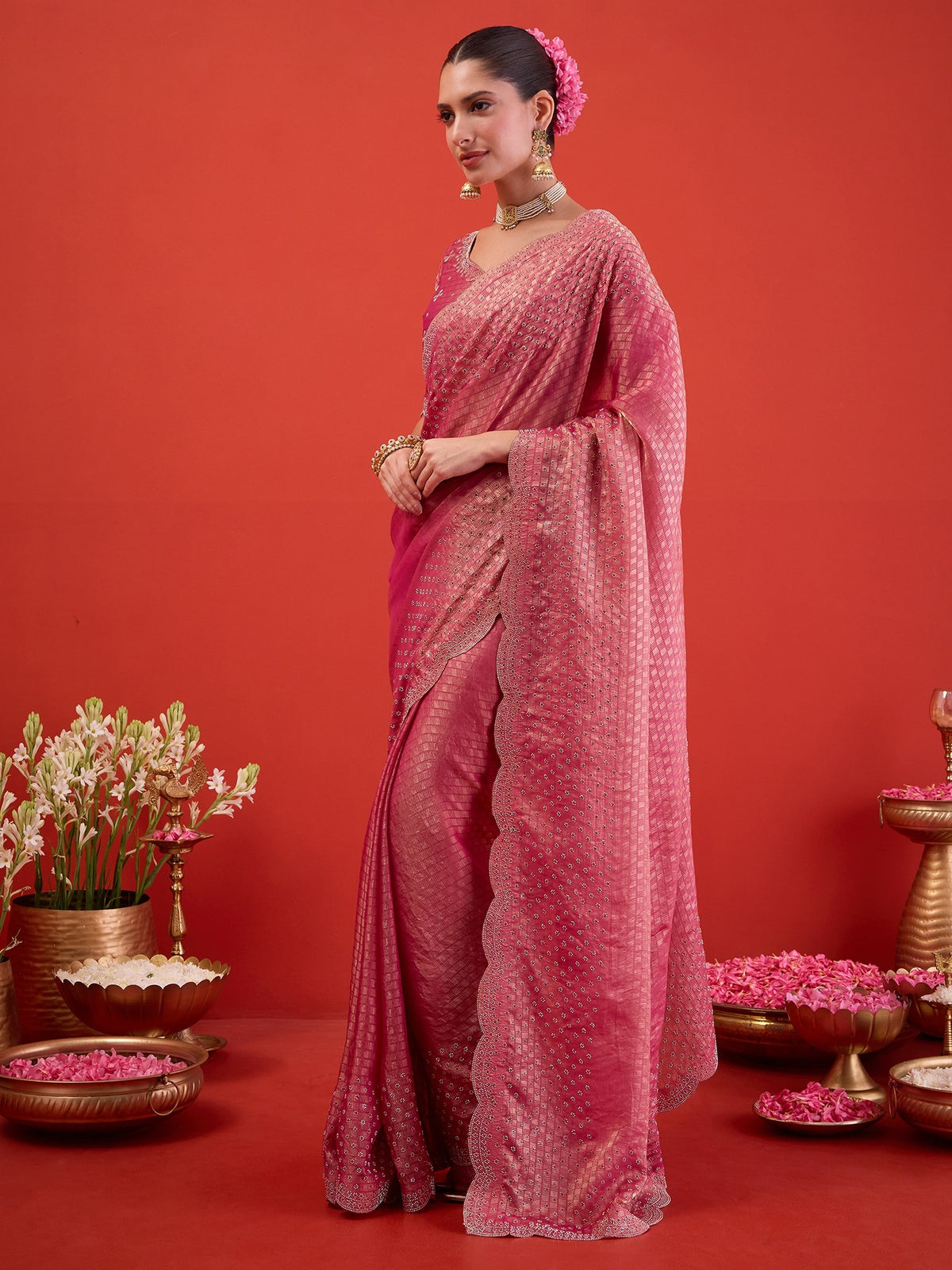Pink Satin saree – detail view 1
