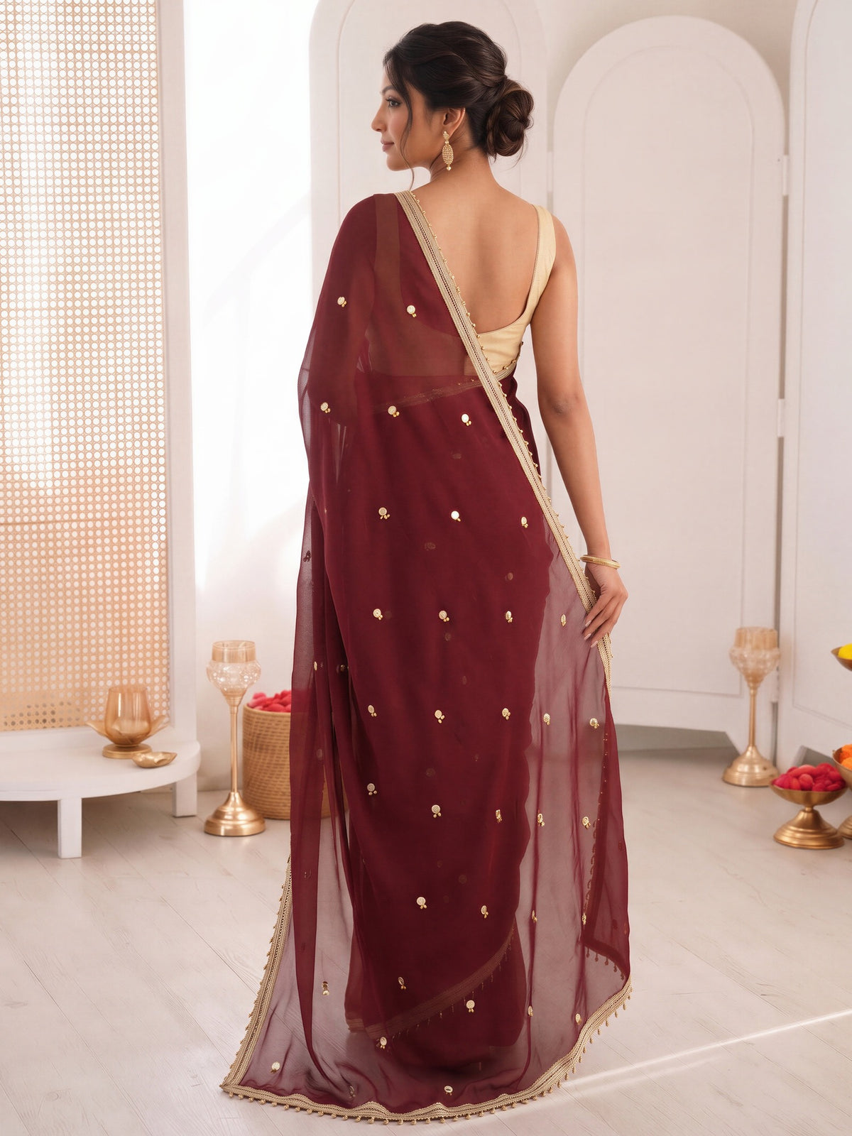 Maroon poly georgette saree view 1