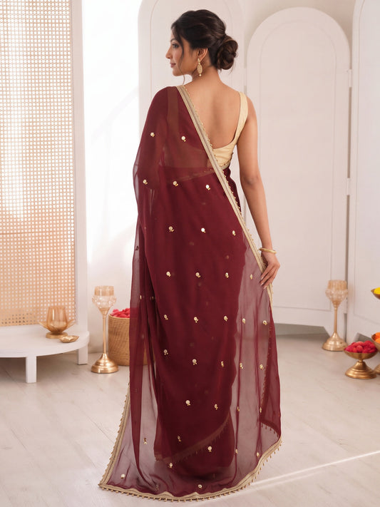 Maroon poly georgette saree view 1