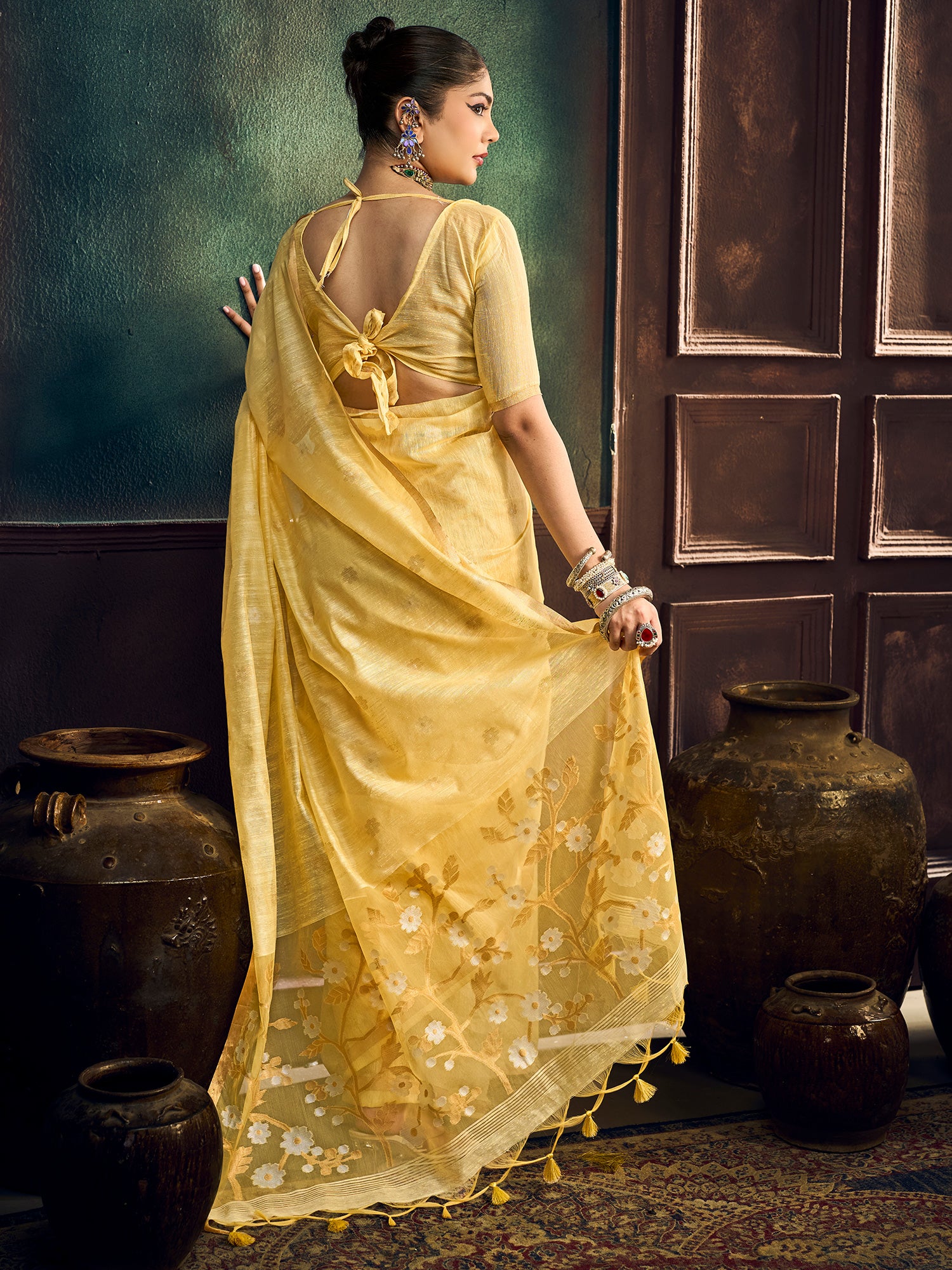 Yellow Muga Cotton saree – detail view 1