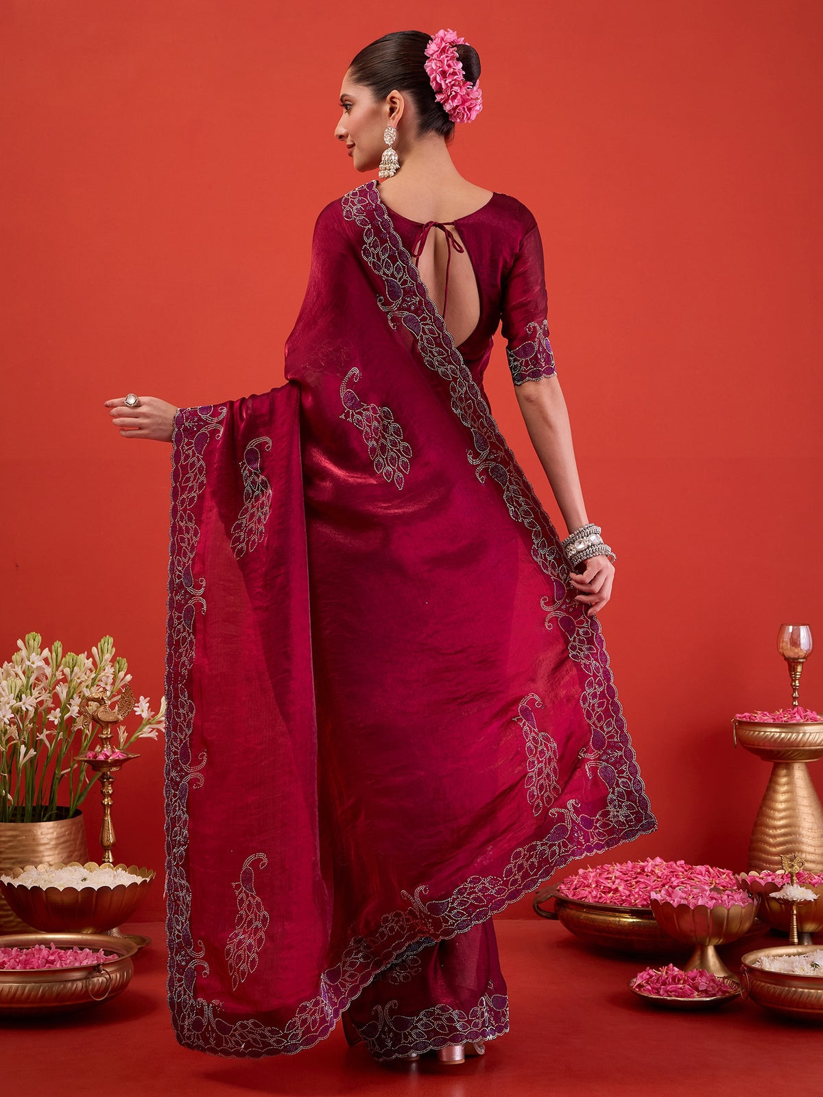 Magenta Satin saree – detail view 6