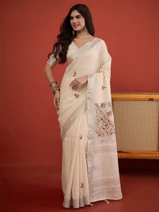 Off White embroidered linen blend saree with off white blouse piece
