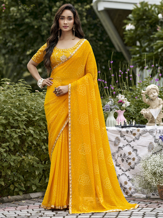 Mustard bandhani georgette saree with mustard blouse piece