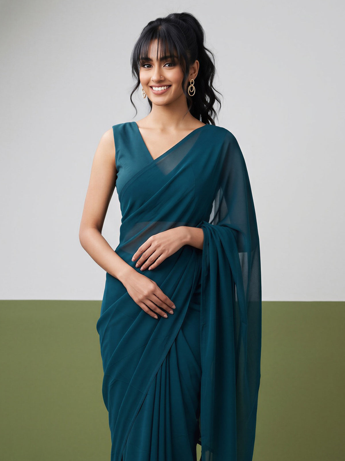 Teal Green Georgette saree – detail view 4