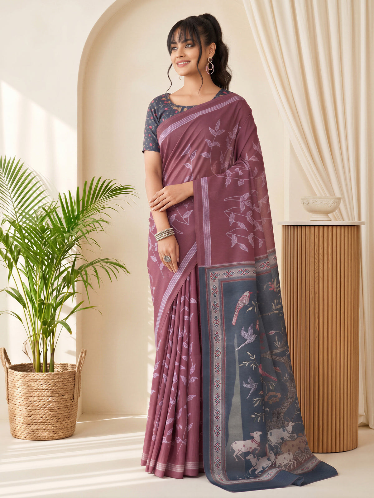 Mauve Linen Blend saree – detail view 3