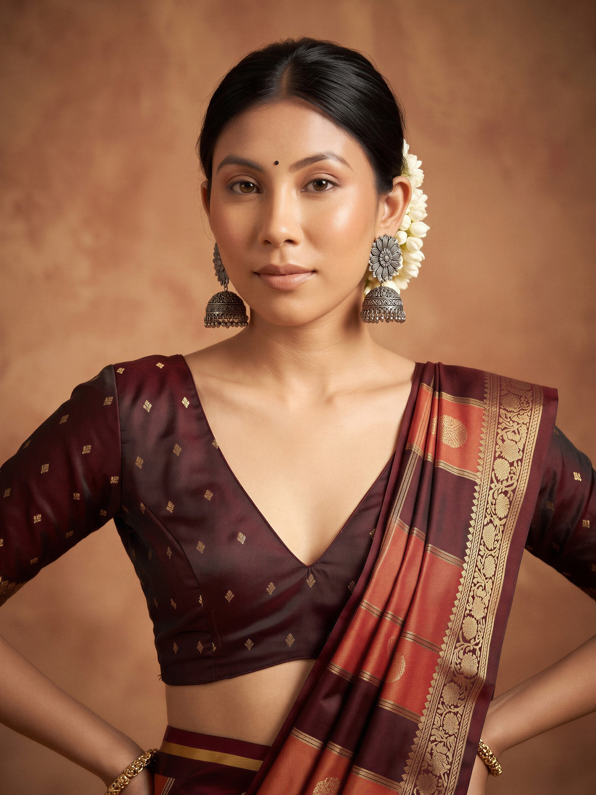 Unstitched maroon satin blouse piece with zari butta design