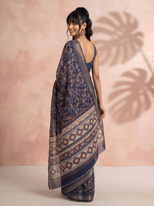 Navy Blue Cotton Linen saree – detail view 1