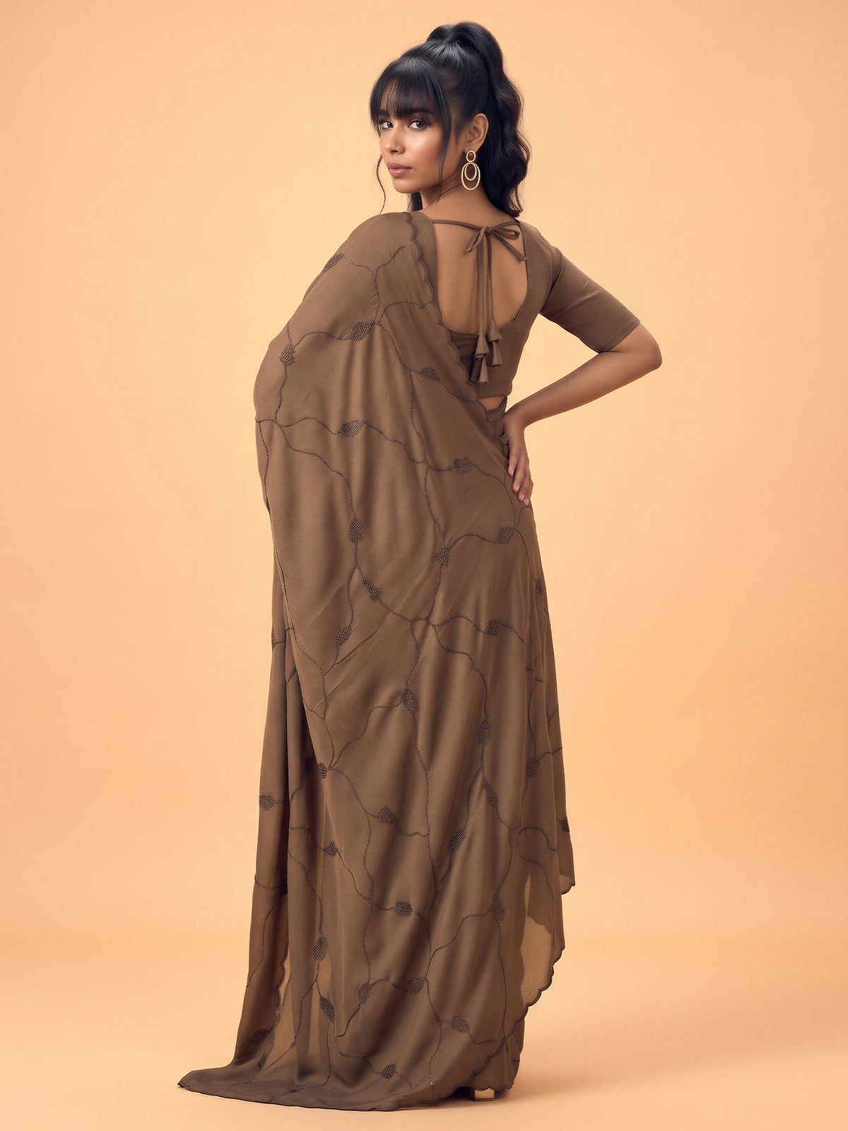 Coffee Brown Satin Silk saree – detail view 1