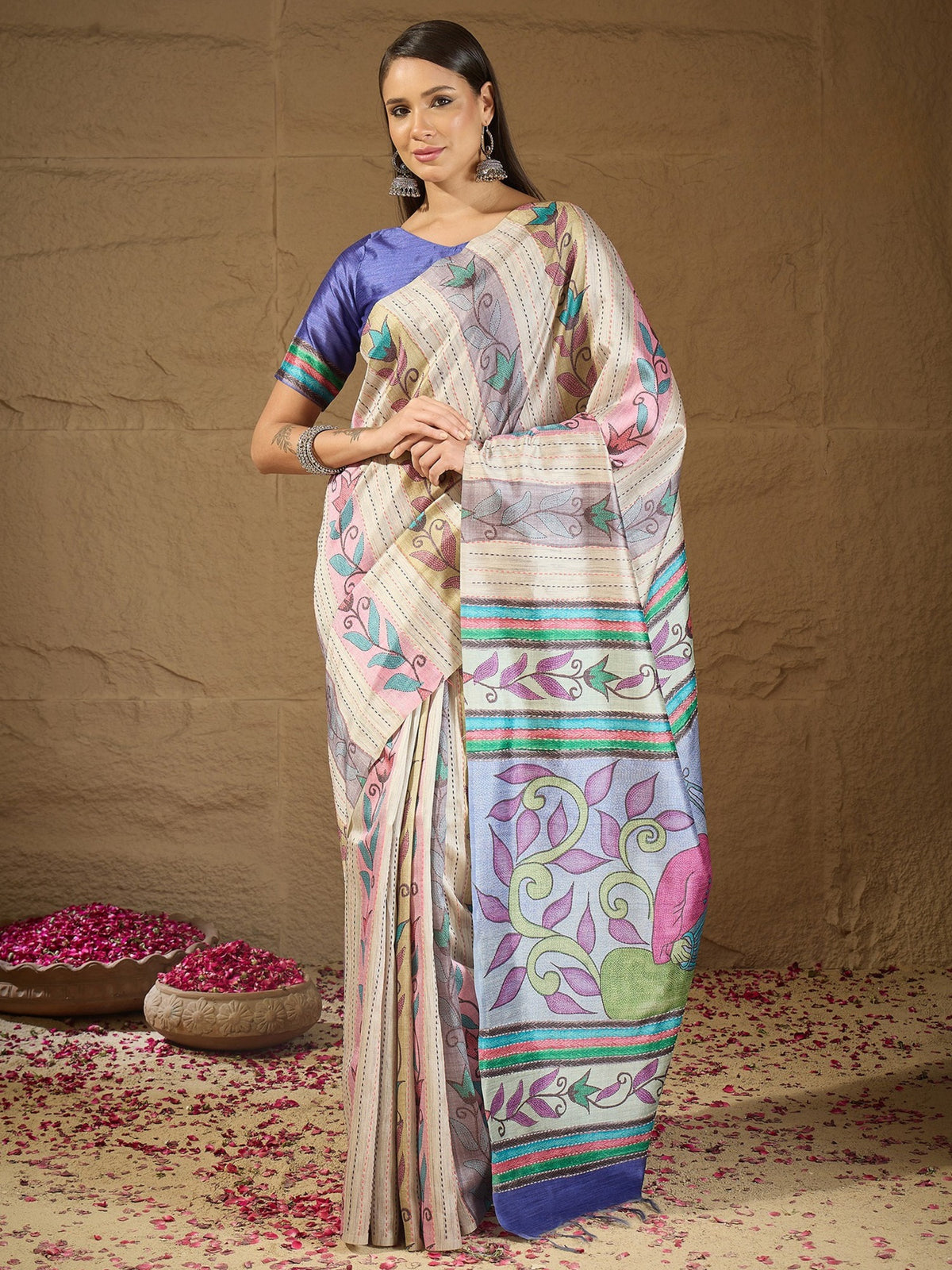 Multicolored kalamkari art silk saree with light blue blouse piece