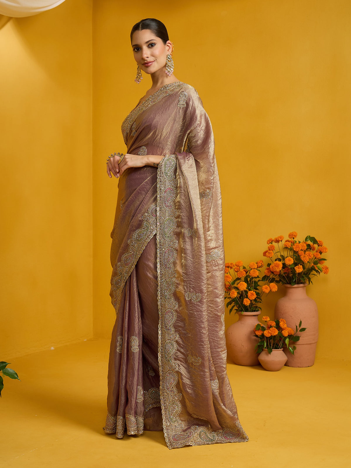 Rose Gold Satin Silk saree – detail view 1