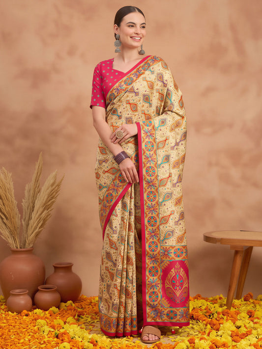 Woman wearing pink silk blend saree with metallic foil print work and pink blouse