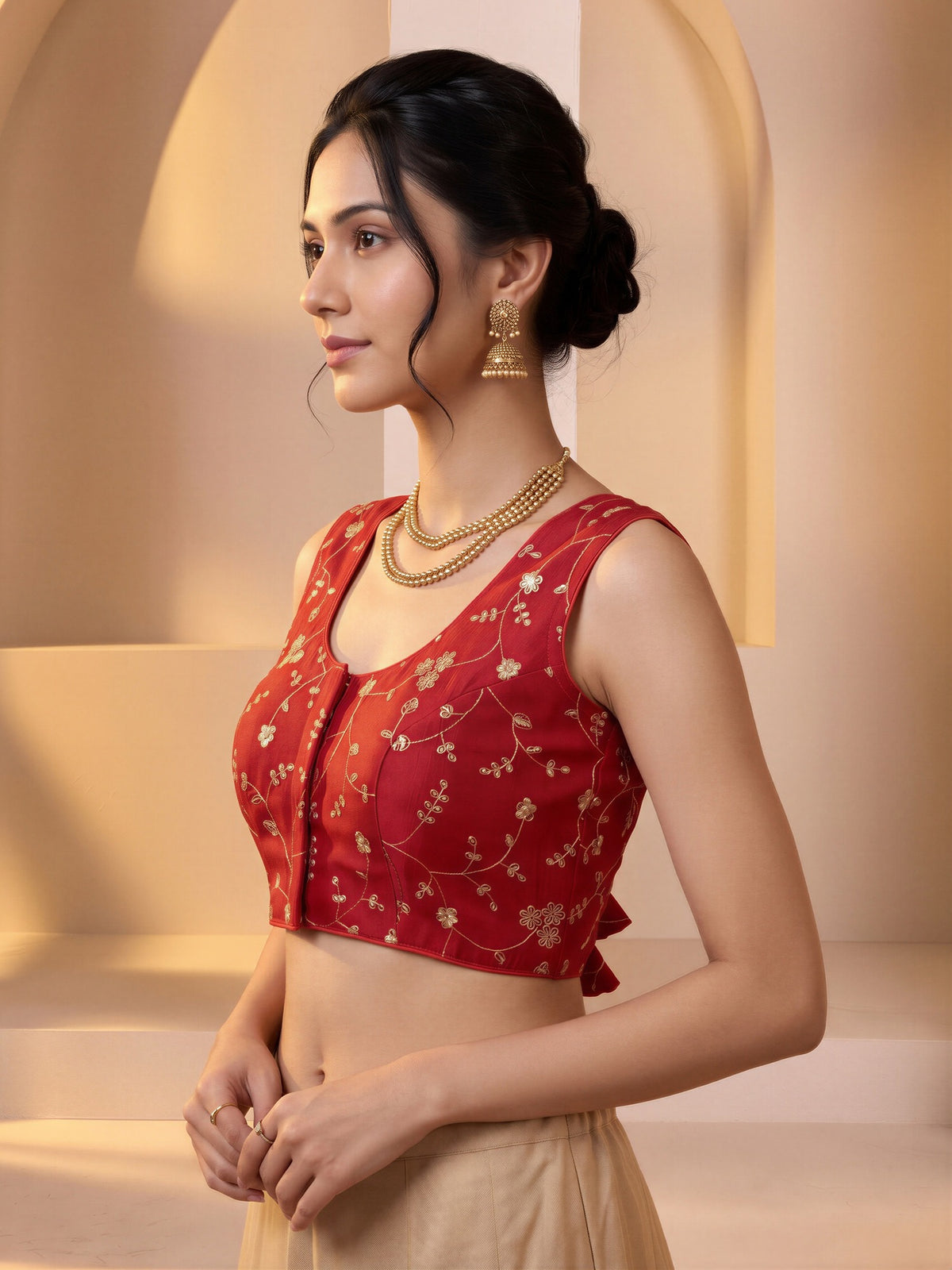 Red sequin embroidered vichitra silk sleeveless readymade saree blouse with round neck view 2