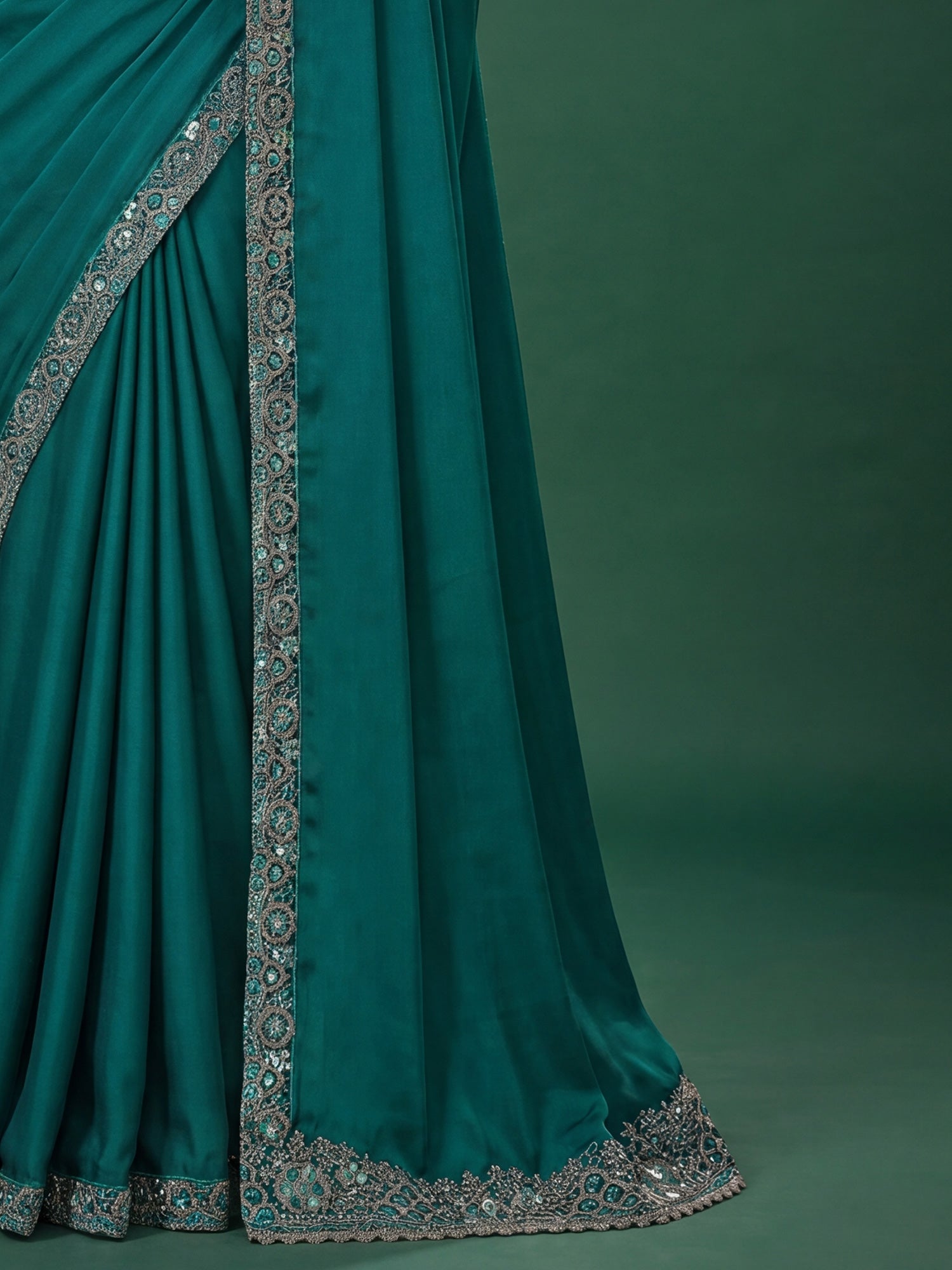 Teal Green Satin Silk saree – detail view 5