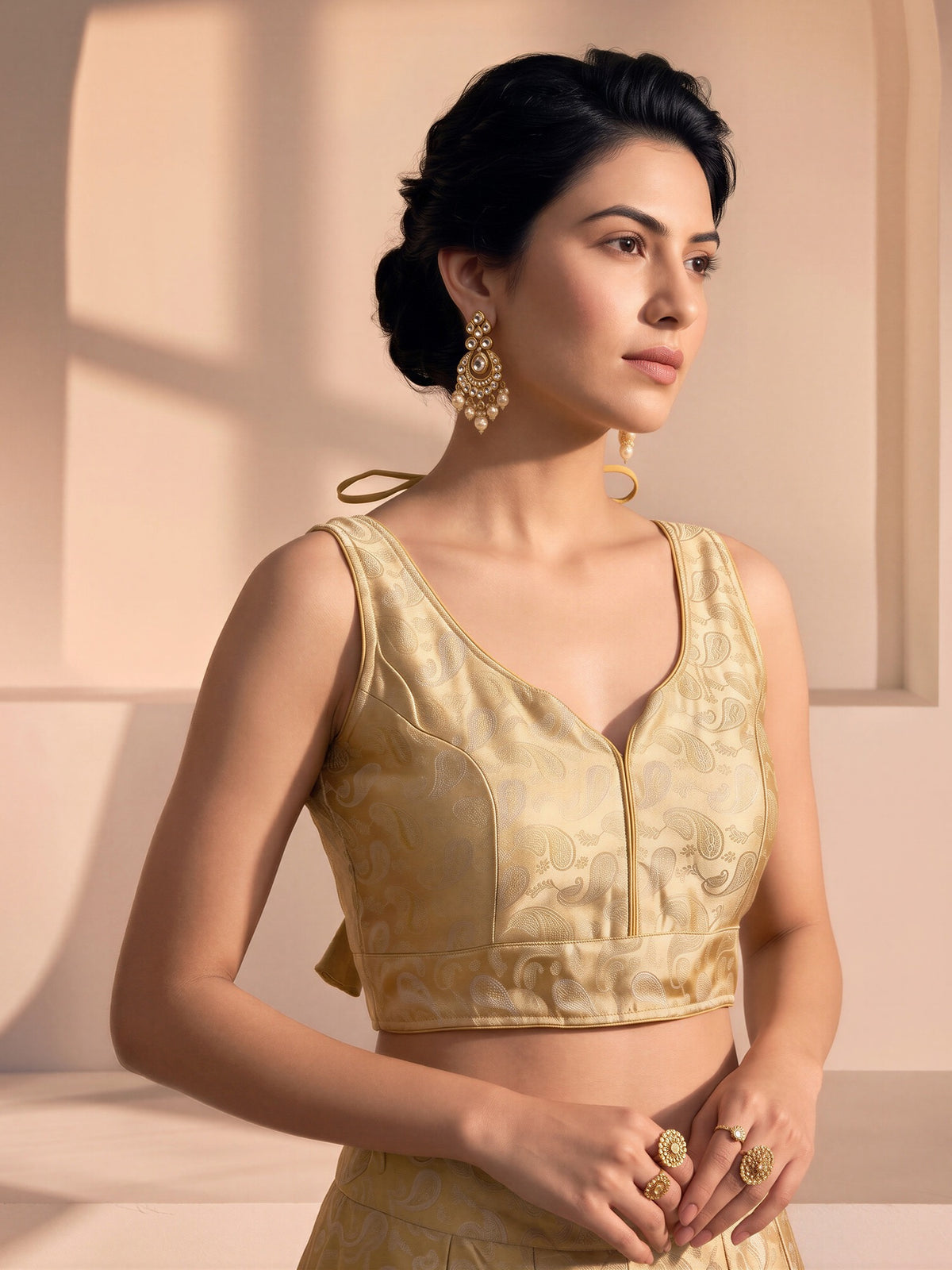 Gold woven brocade silk blend sleeveless readymade saree blouse with v neck view 1