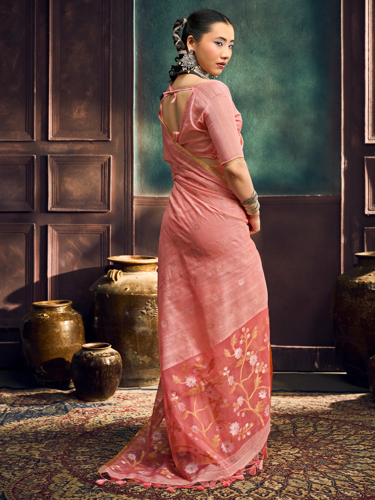 Peach Muga Cotton saree – detail view 1