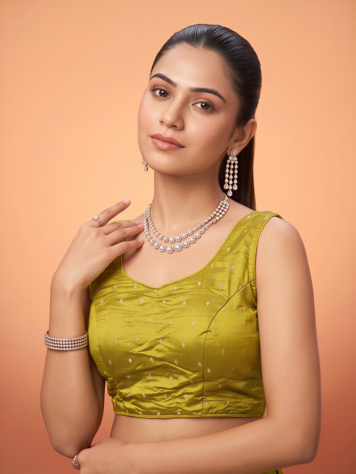 Lime Green sequin embellished silk blend sleeveless readymade saree blouse with round neck view 3